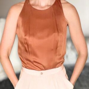 Metallic bronze satin blouse silk blend minimalist tailored top 6 medium